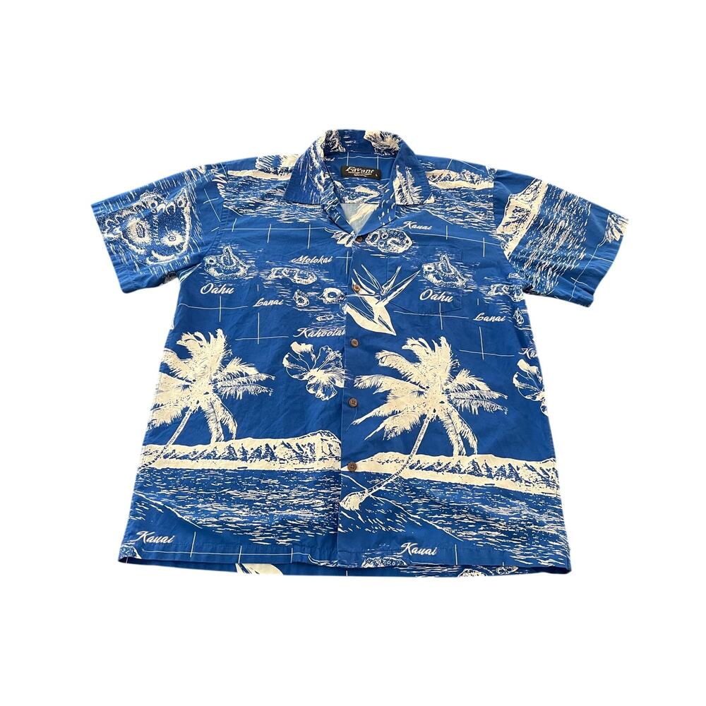 Favant Hawaii Shirt Men Large Blue White Aloha Hawaiian Cotton Button Up